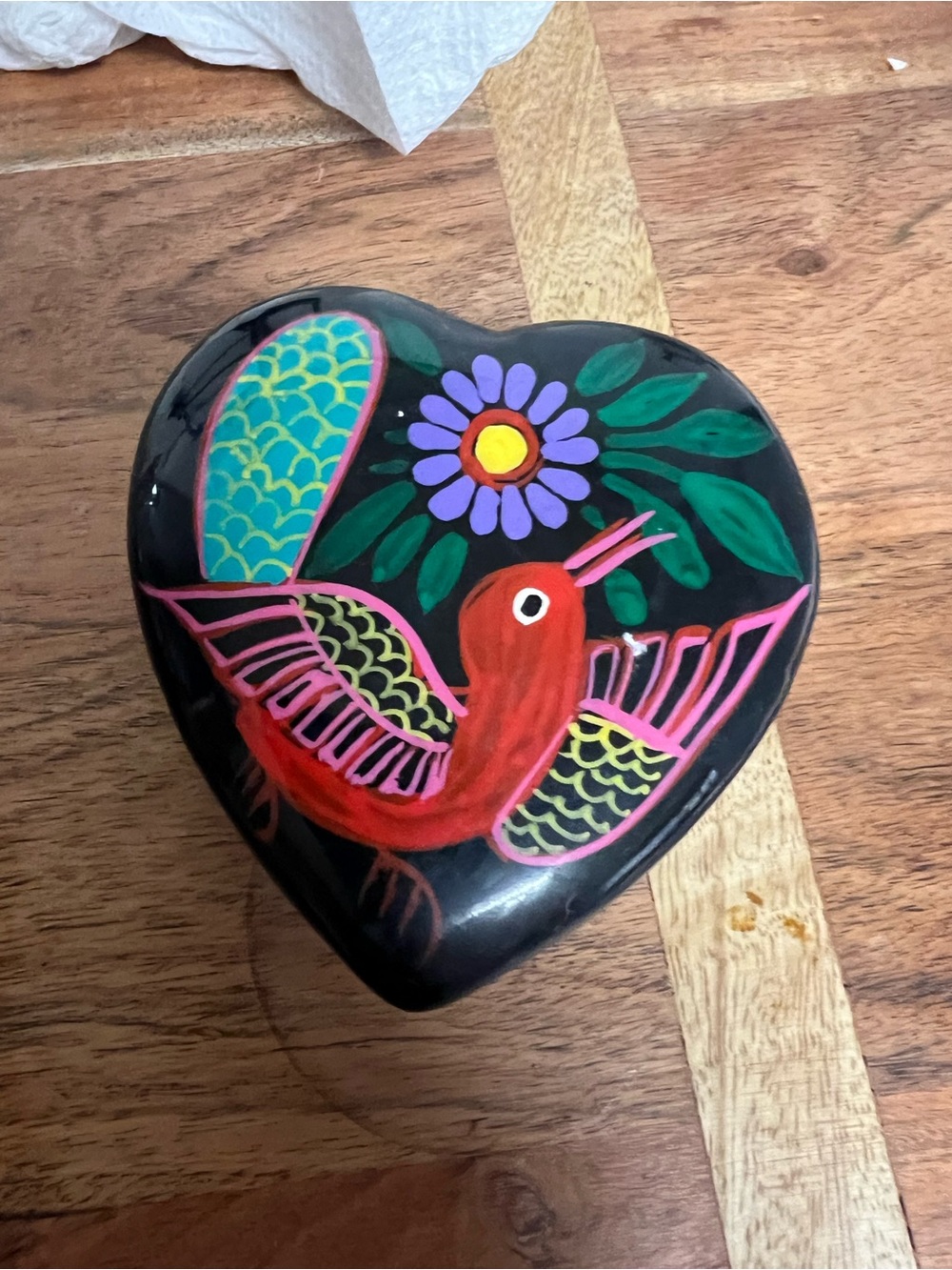 Vintage Mexican Folk Art Heart Trinket Box Red Clay Pottery Hand Painted Bird